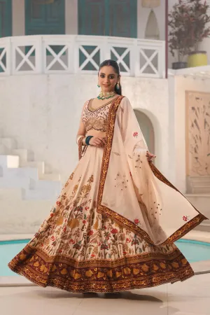 Champagne Traditional Printed Raw Silk Lehenga Set