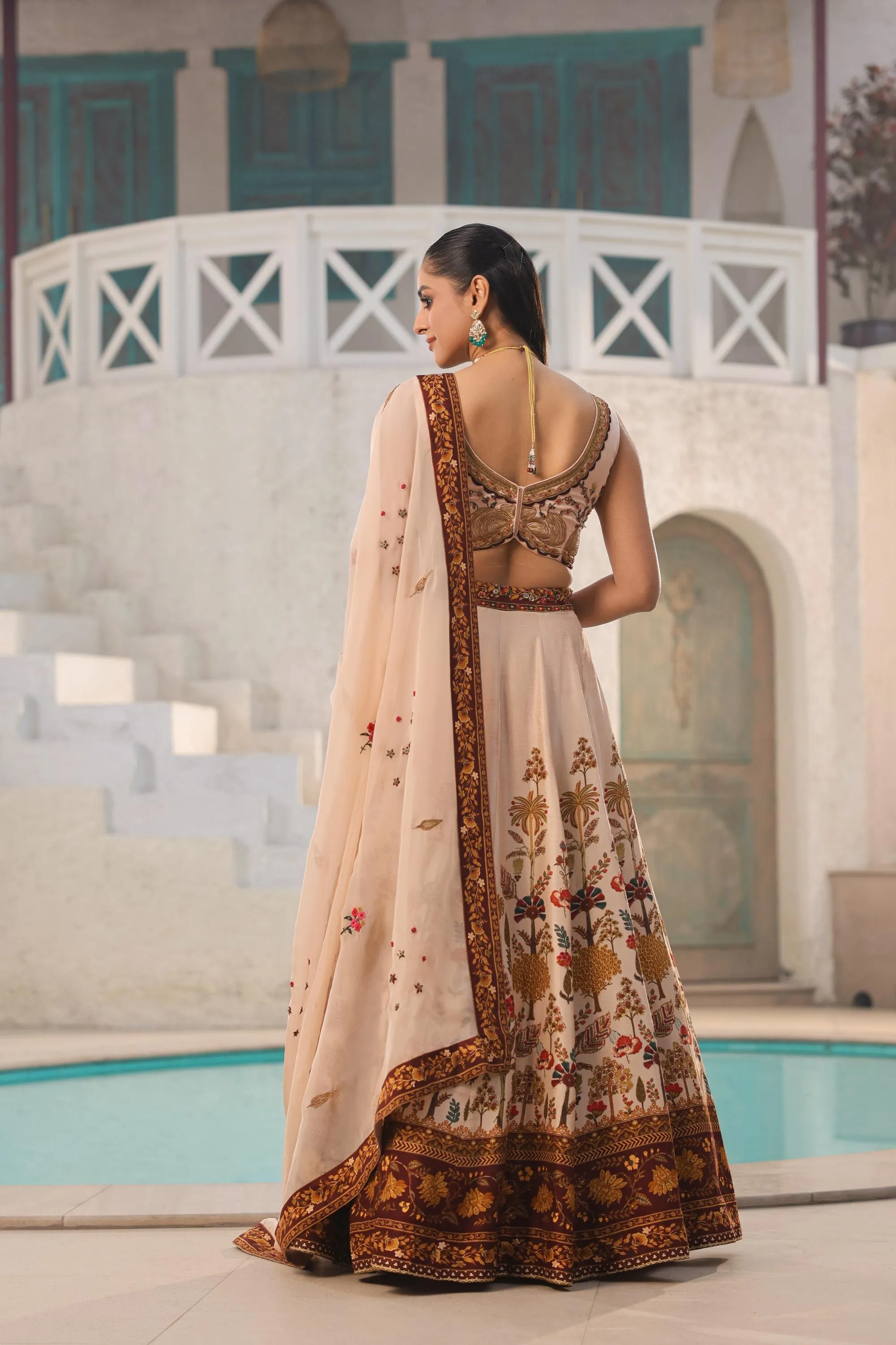 Champagne Traditional Printed Raw Silk Lehenga Set