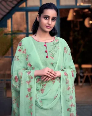 Cotton Linen Printed Green Dress Materials with Chiffon Dupatta