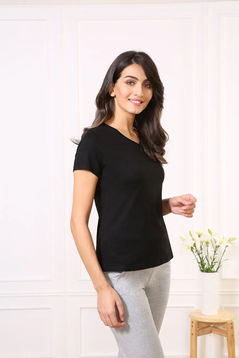 Cotton V-Neck Every day Wear Black tee t-shirt tops for Girls