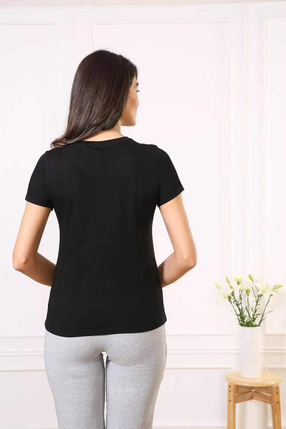 Cotton V-Neck Every day Wear Black tee t-shirt tops for Girls