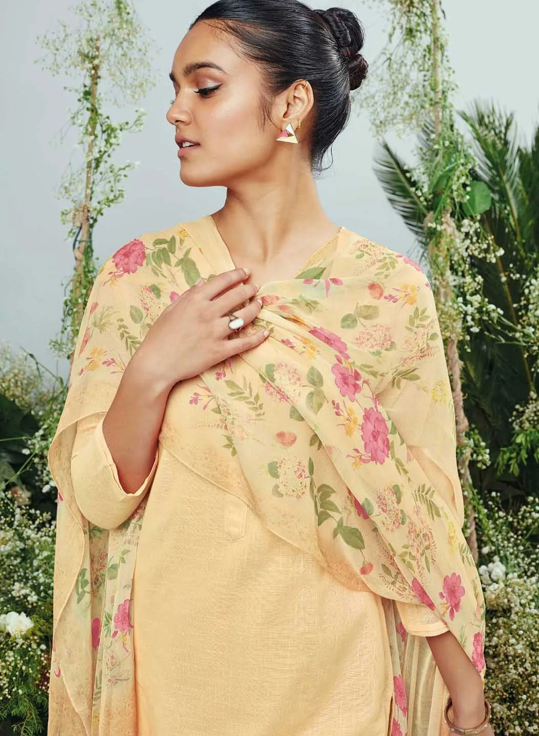 Ganga Cotton Linen Unstitched Yellow Women Suit Material Dupatta