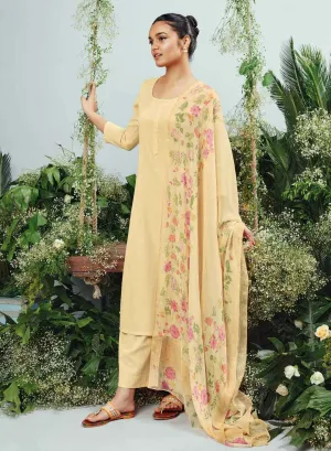 Ganga Cotton Linen Unstitched Yellow Women Suit Material Dupatta