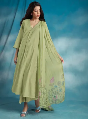 Ganga Green Pure Cotton Linen Unstitched Suit Material for Women