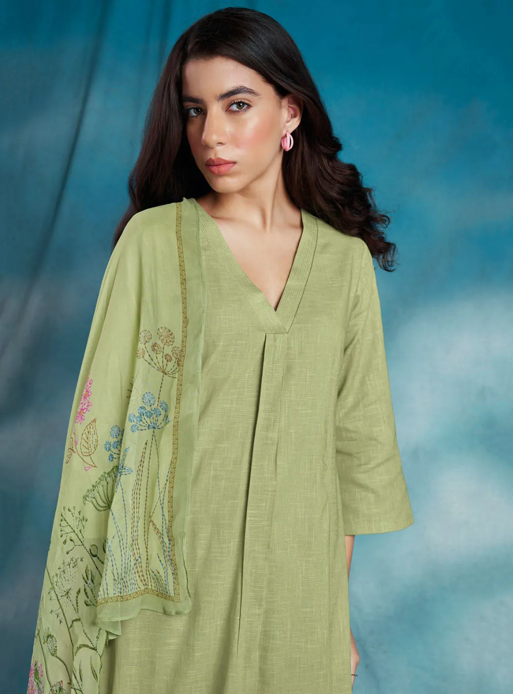 Ganga Green Pure Cotton Linen Unstitched Suit Material for Women