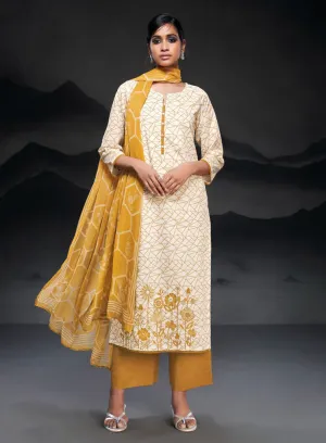 Ganga Yellow Unstitched Cotton Suit Material with Embroidery for Women