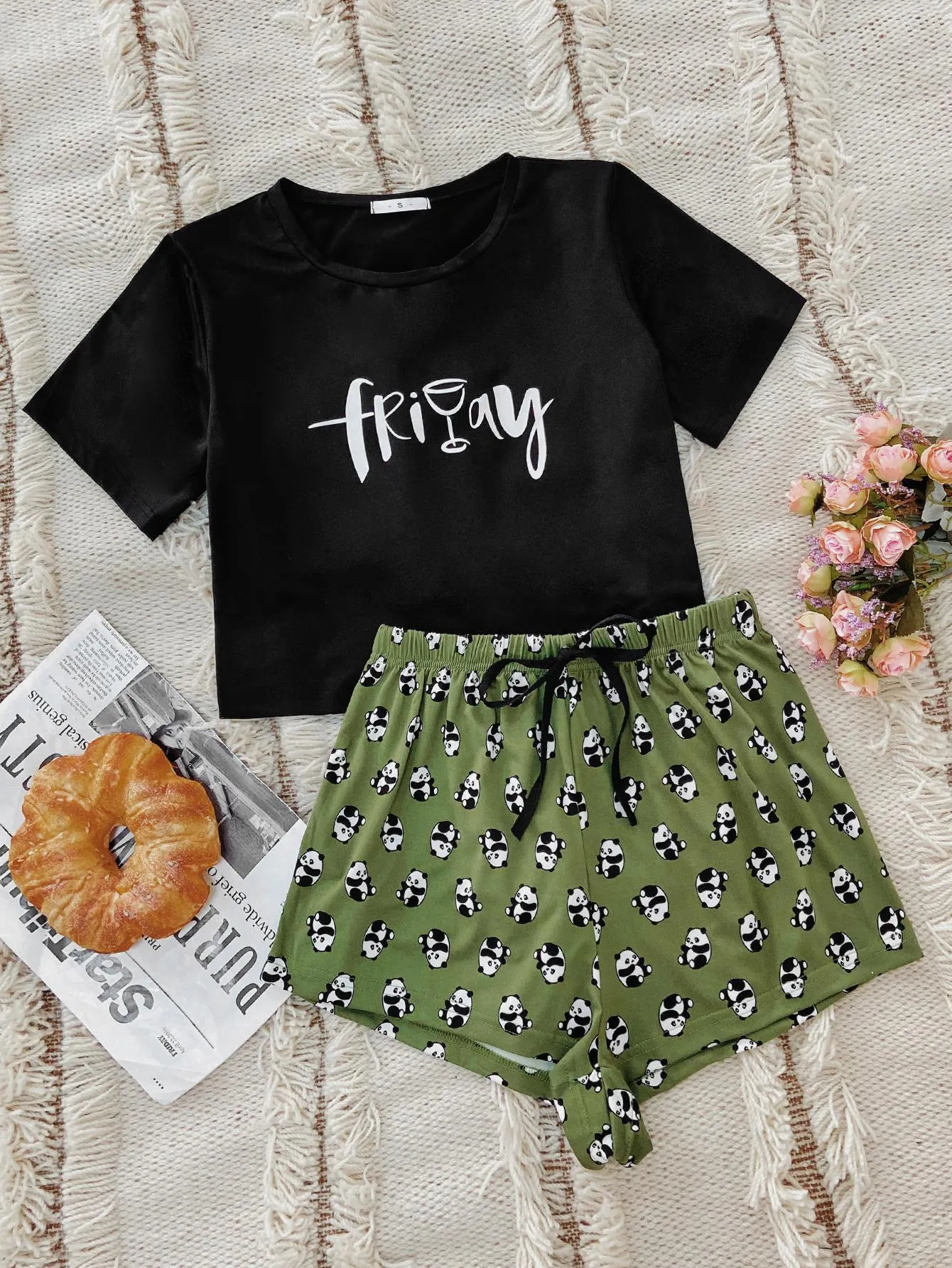 Graphic Tee and Panda Print Shorts Lounge Set