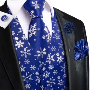 Hi-Tie Mens Waistcoat Blue Silver Snow Christmas Vest Necktie Set