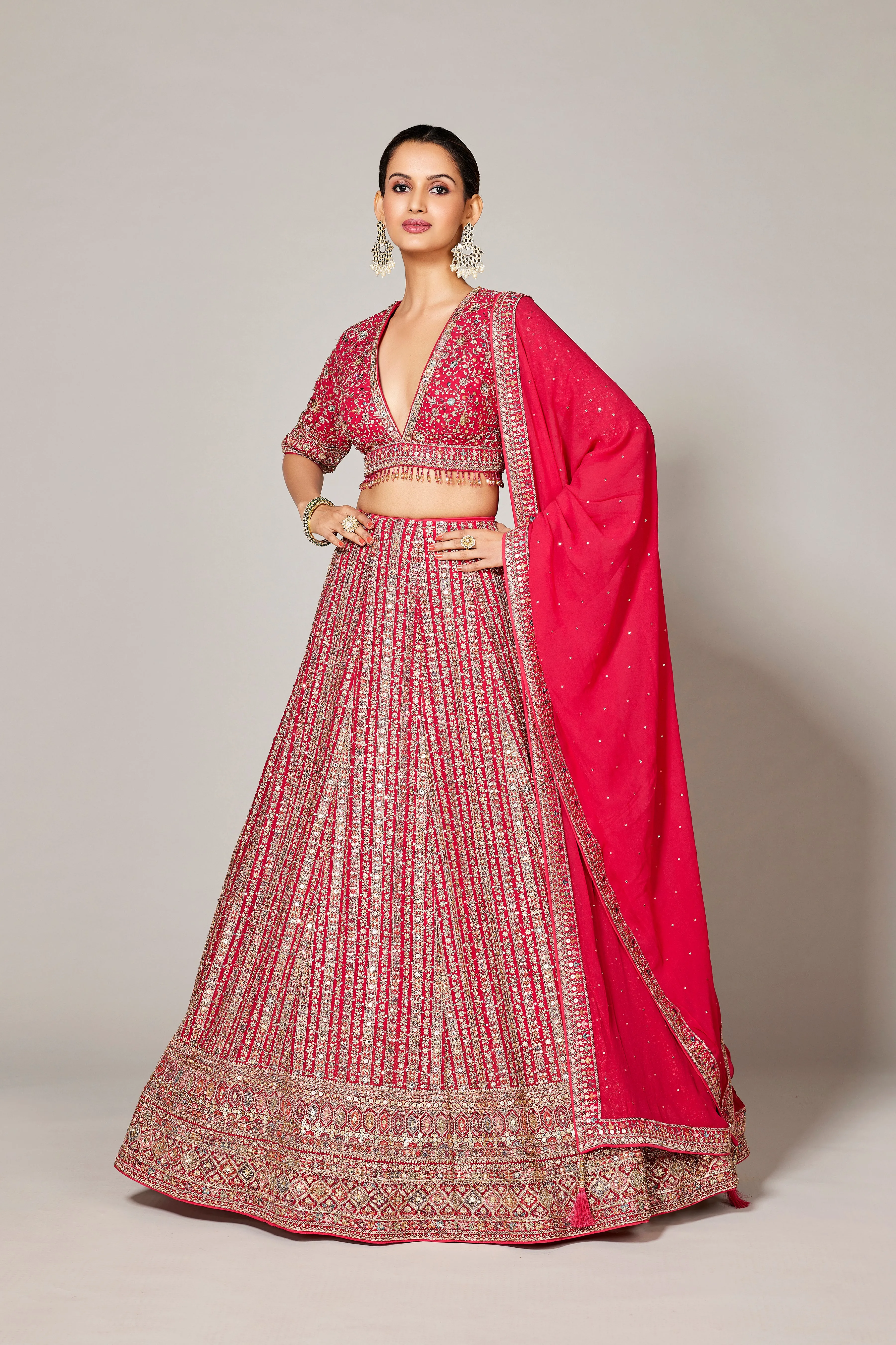 Hot Pink Embellished Premium Georgette Silk Lehenga Set