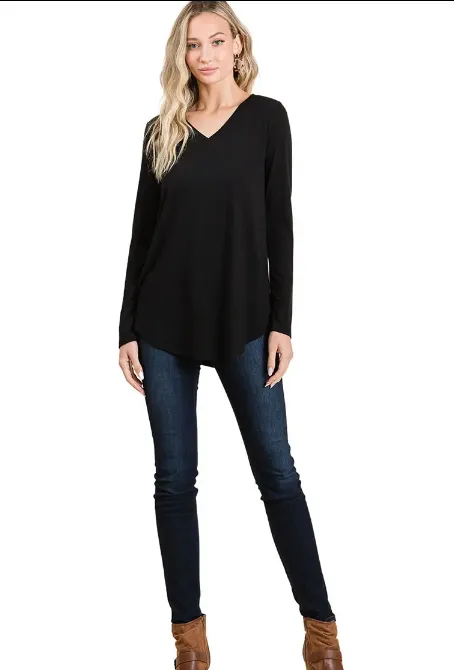 Katie Long Sleeve V-Neck Round Hem