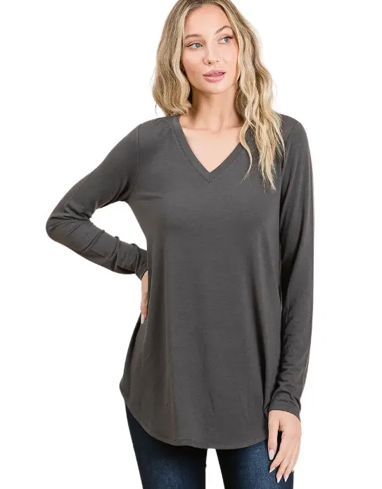 Katie Long Sleeve V-Neck Round Hem