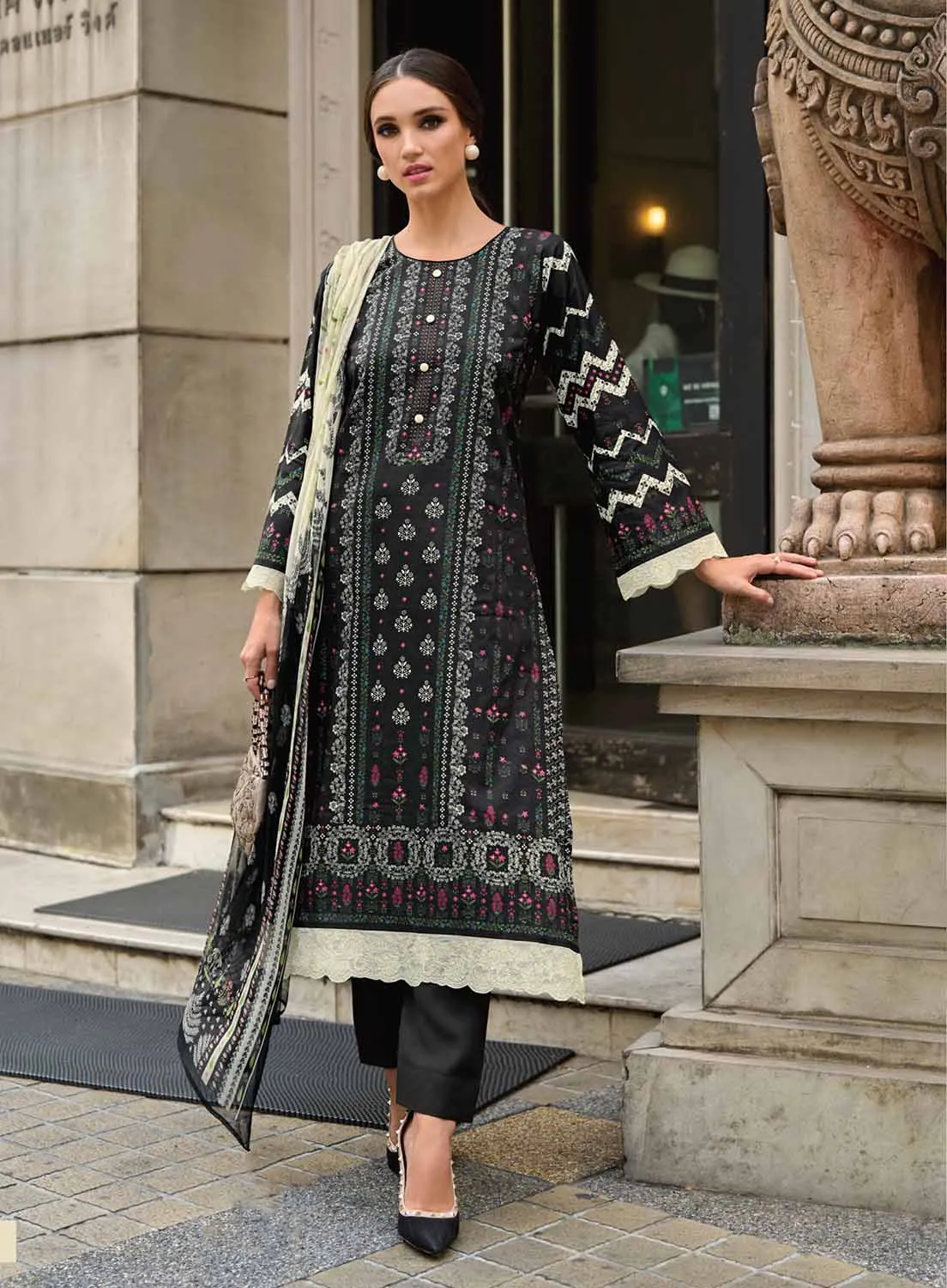 Kilory Black Unstitched Pure Lawn Cotton Suit Material for Women