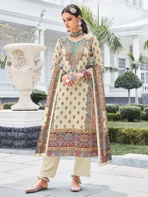 Off White Woolen Pashmina Printed Unstitched Winter Suit