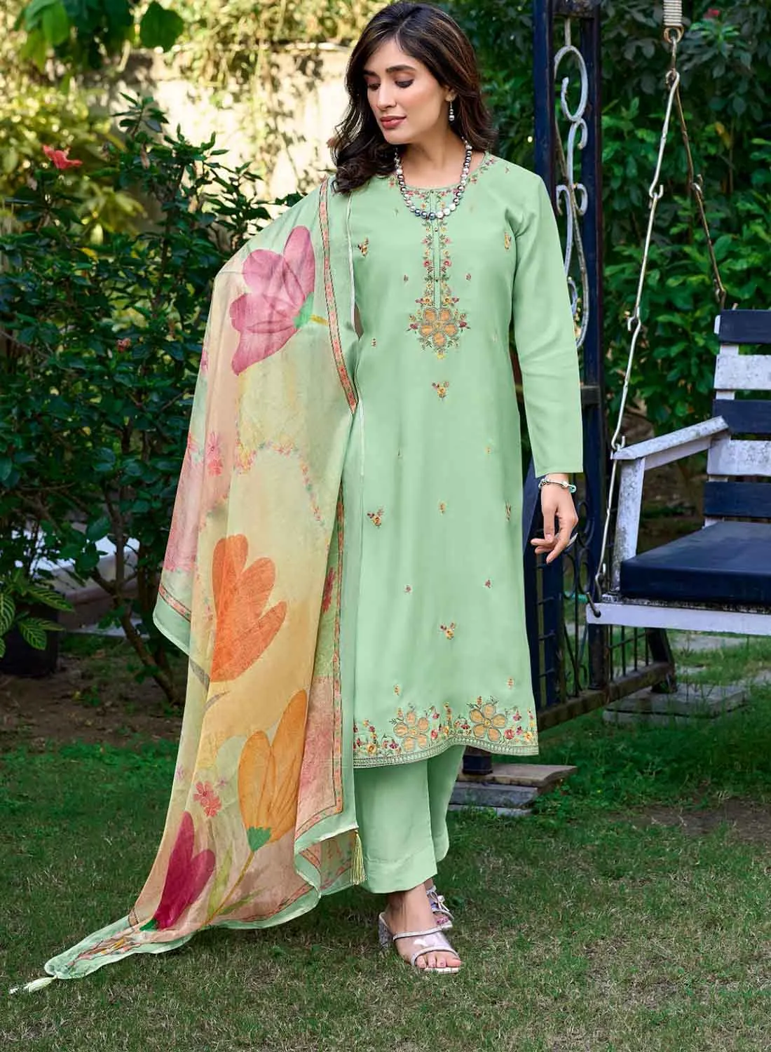 Party Wear Pure Muslin Silk Unstitched Suit Dress Material for Women