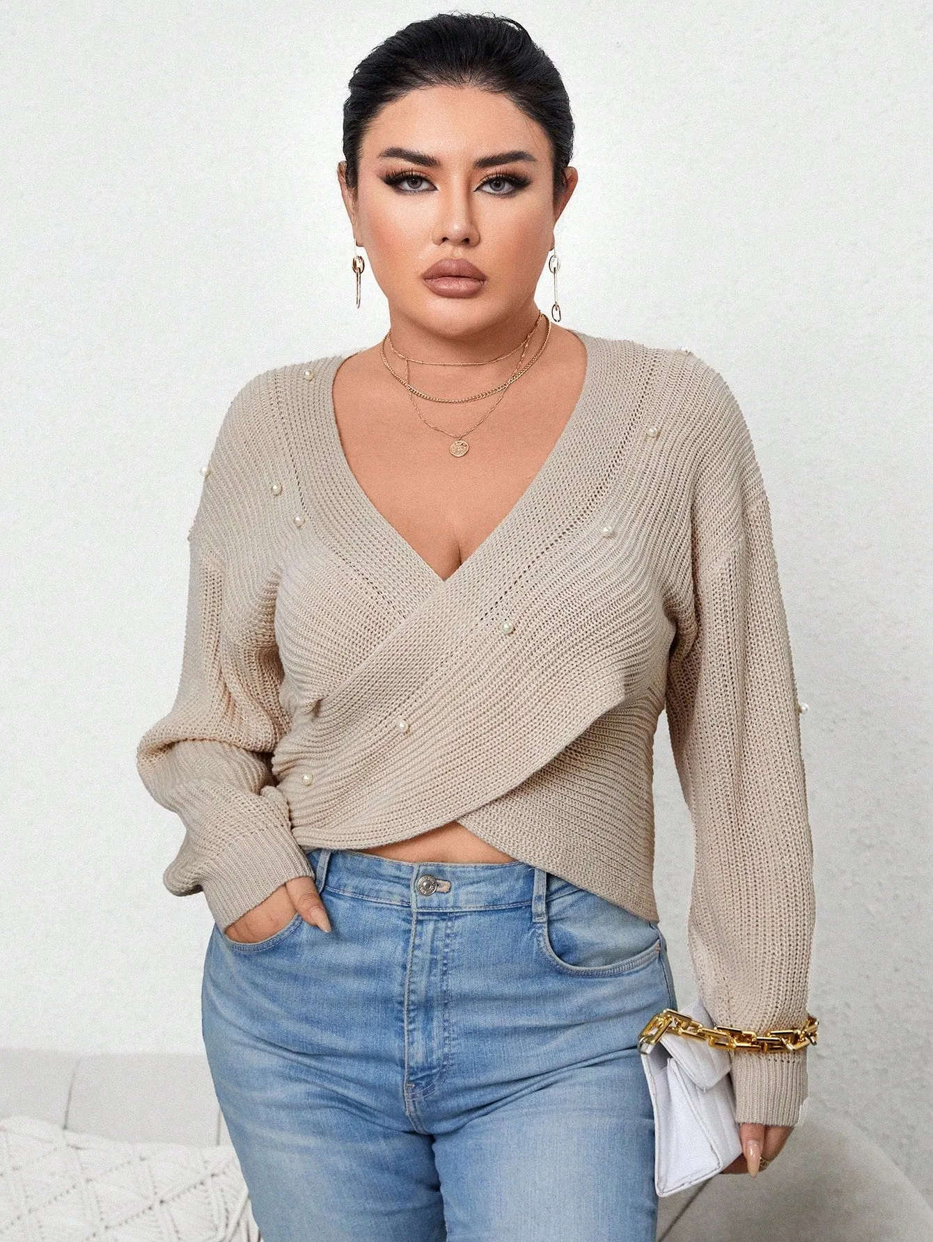 Plus Pearls Beaded Crossover Drop Shoulder Crop Sweater