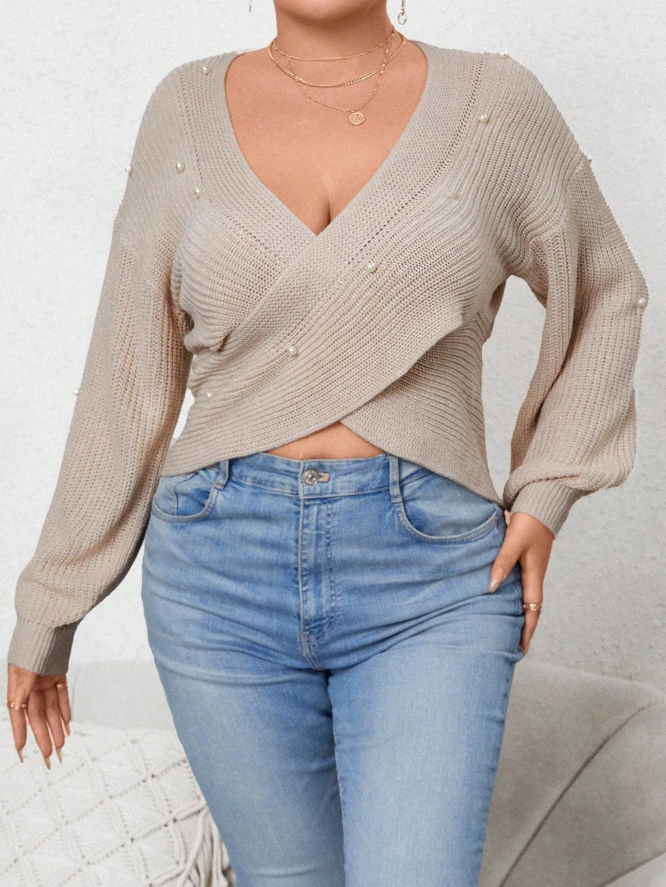 Plus Pearls Beaded Crossover Drop Shoulder Crop Sweater