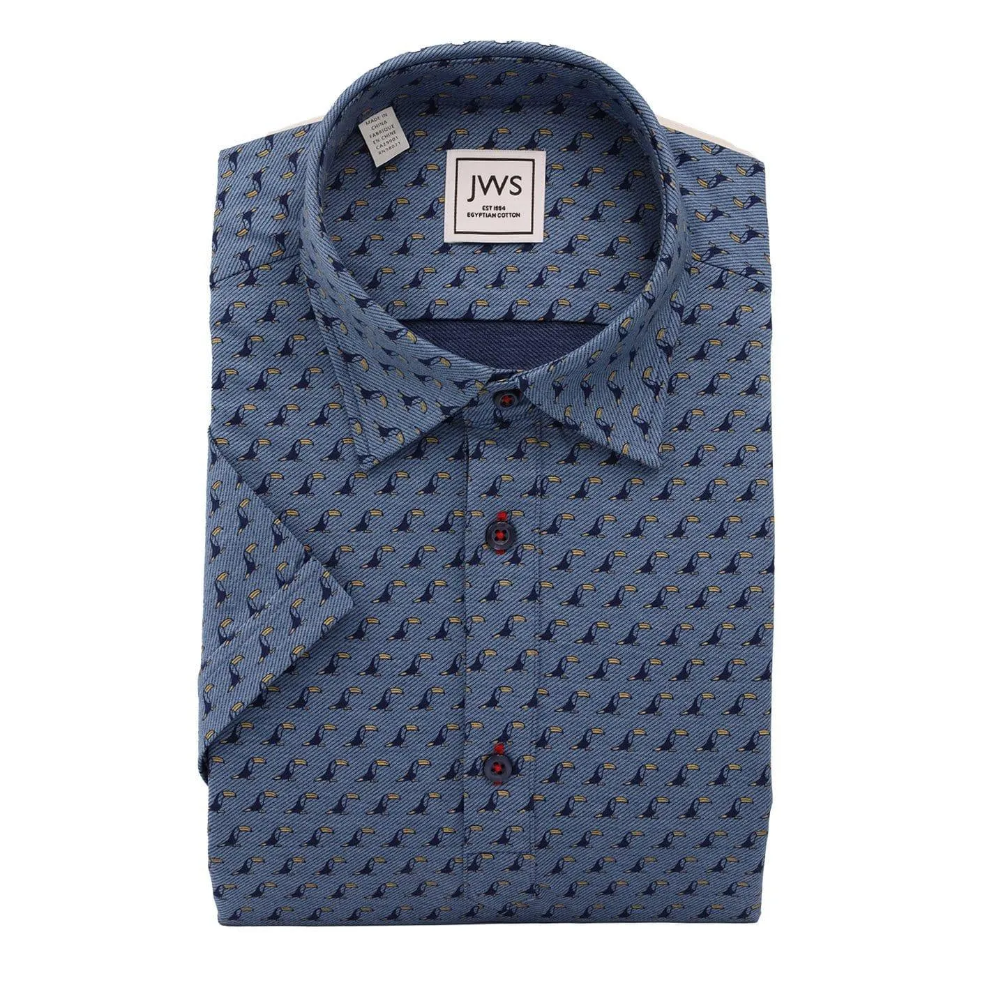 Printed Bird Design on a Blue Twill Knit Polo Shirt