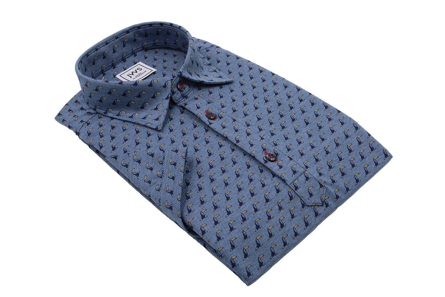 Printed Bird Design on a Blue Twill Knit Polo Shirt