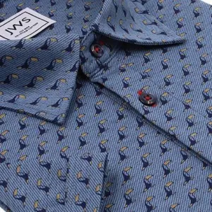 Printed Bird Design on a Blue Twill Knit Polo Shirt