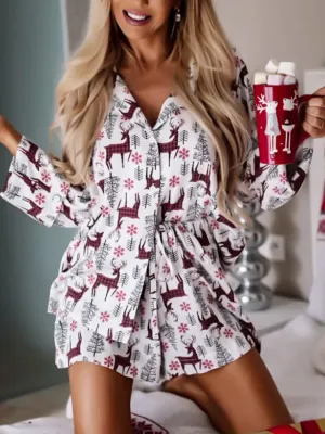 Printed Collared Neck Long Sleeve Top and Shorts Lounge Set