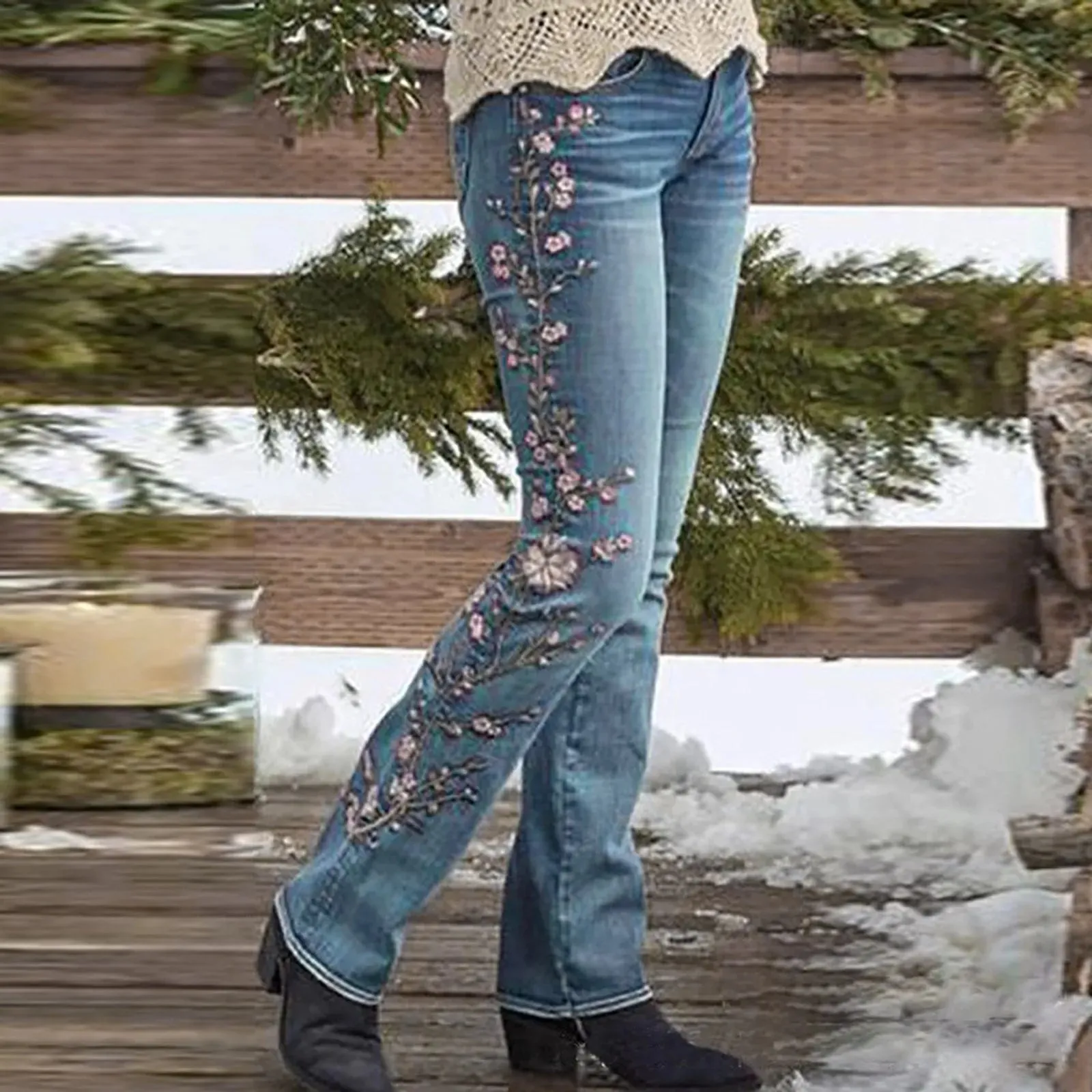 Retro Slim Fit Floral Micro Jeans with Embroidery