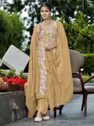 Rivaa Unstitched Beige Pashmina Winter Suit with Chiffon Dupatta