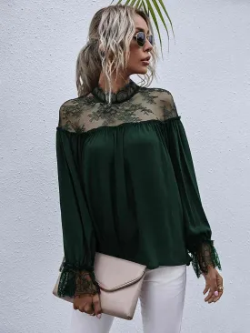 Semi-Sheer Lace Trim Mock Neck Blouse