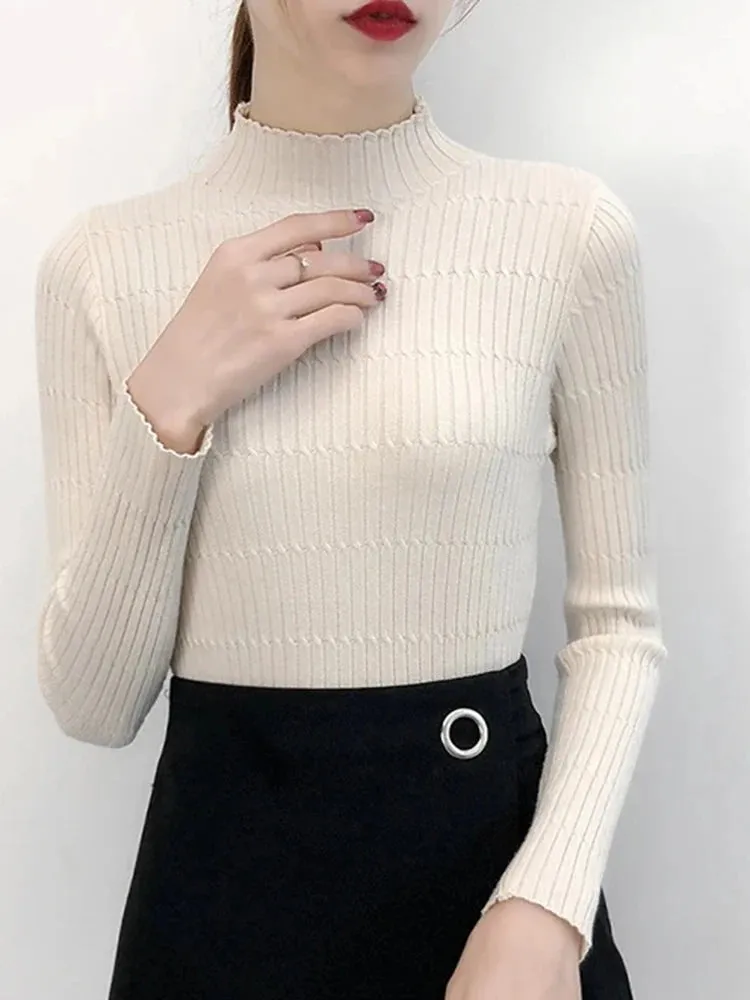 Turtleneck Knitted Sweater Female Simple Pullovers Ladies Top Fashion Women Sweaters Korean Jumper Stripe Solid Tops