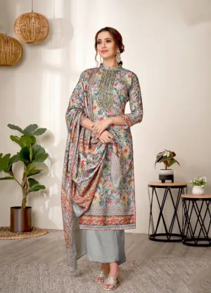 Unstitched Pashmina With Embroidery Grey Winter Suit